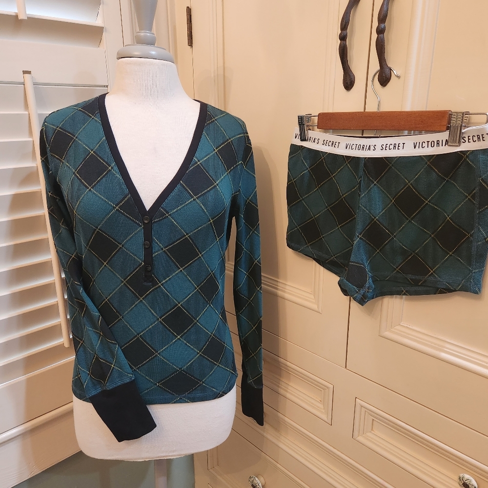 Victoria's Secret PJ SET! Plaid Green & Black Thermal Waffle Sz S Pajamas
